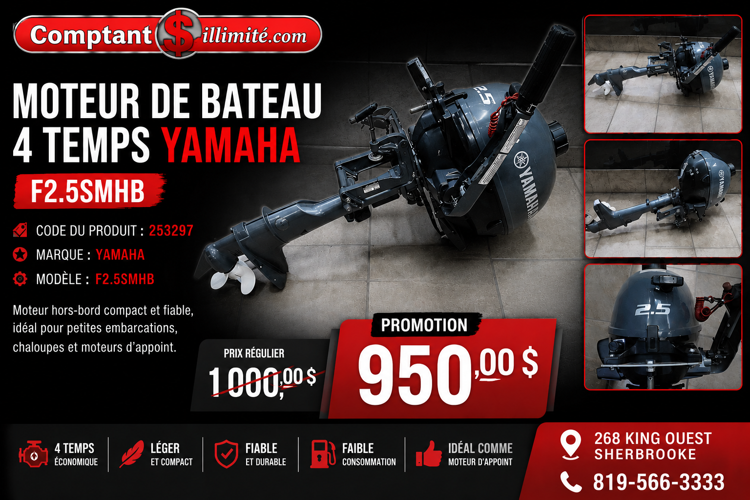 Moteur de Bateau 4 temps Yamaha f2.5smhb