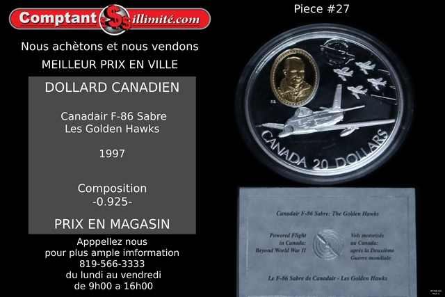 Pièce 20 Dollars Canadair F86 Sabre Pièce Argent .925 1997 (31.1035 Gramme)