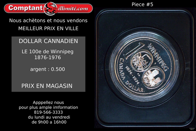 Pièce de monnaie 100 ième de Winnipeg Canada 1874-1974